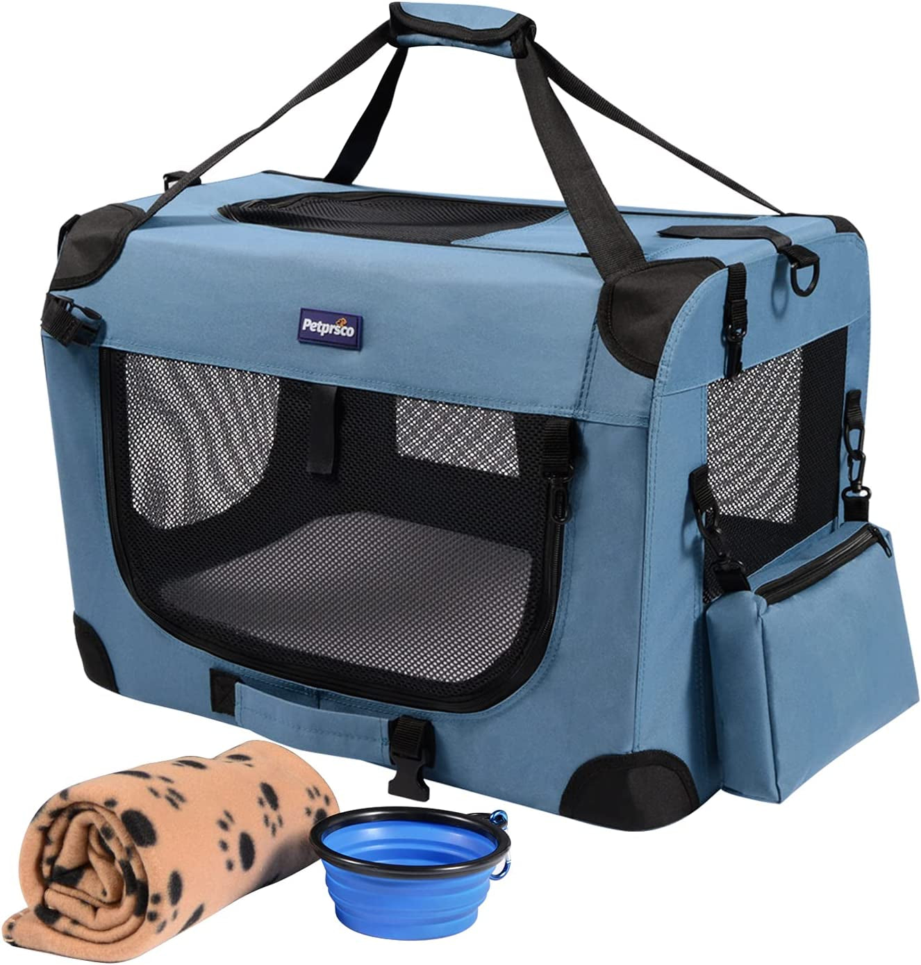 Portable Collapsible Dog Crate, 24" Soft Dog Crate for Car Travel | Includes Mat, Blanket & Bowl, Strong Fabric, 4-Sided Mesh Vents, 3 Doors, Fit Small Dogs & Large Cats Indoor and Outdoor Use