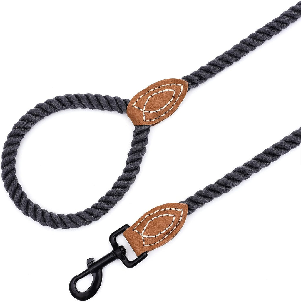 Dog Leash, Braided Cotton Rope Leashes with Leather Tailor Tip with Leather Tip - Heavy Duty Metal Clasp, 4FT, 1/2" Thick - Wedding, Walking for Medium Large Dogs(Dark Gray)