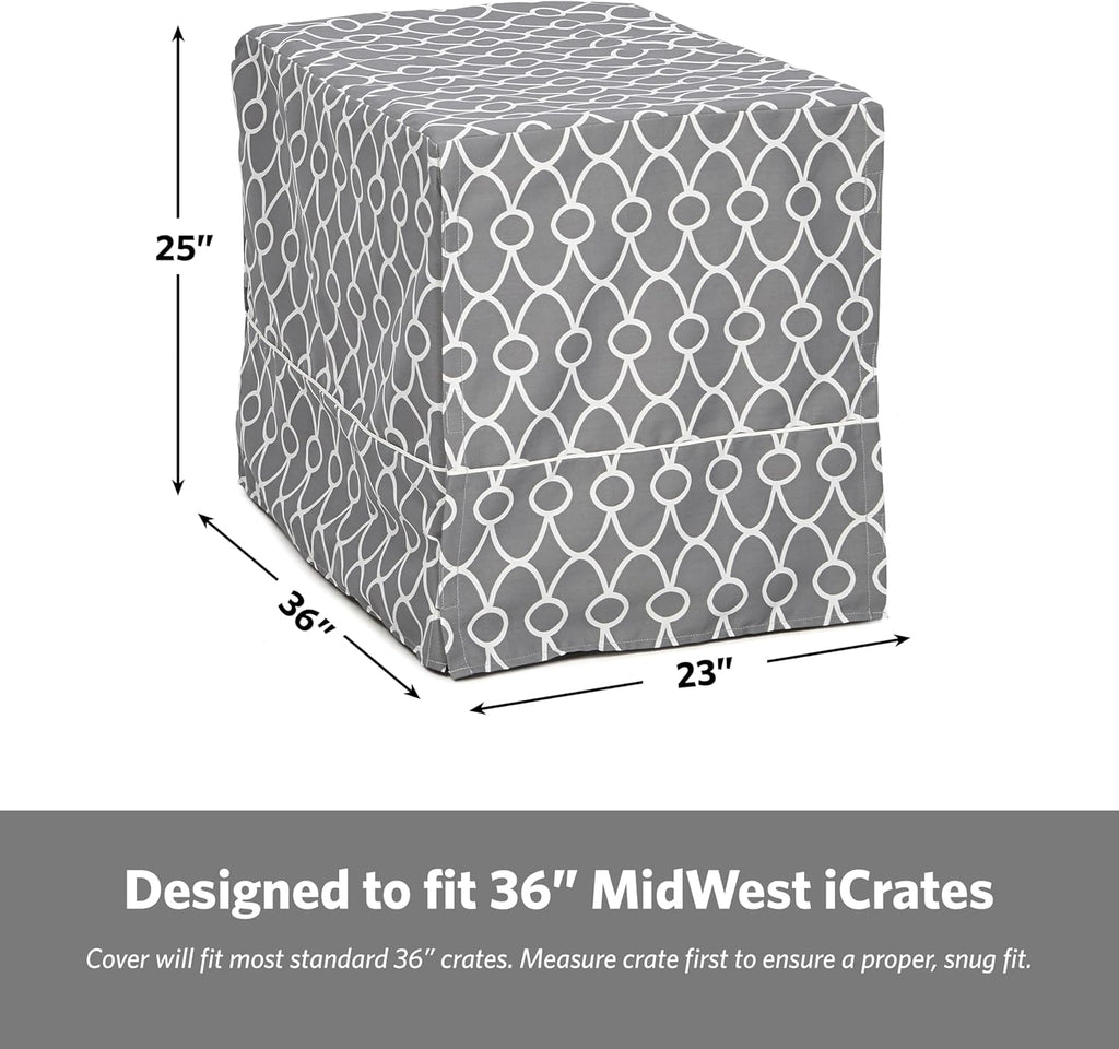 Dog Crate Cover with Teflon Fabric Protector, Poly-Cotton Privacy Kennel Cover Fits Most 36-Inch Crates, Gray Designer Print, Washable, Reduces Barking