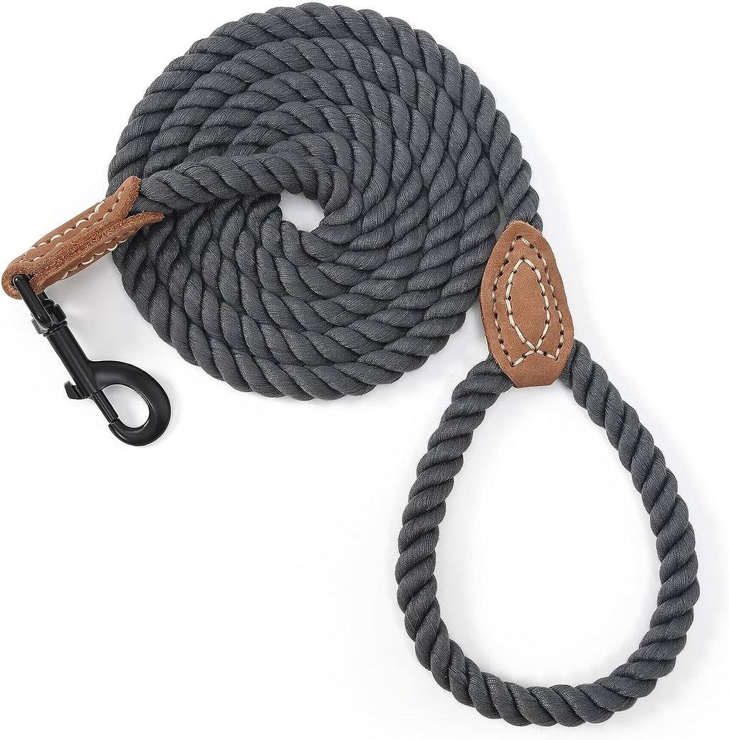 Dog Leash, Braided Cotton Rope Leashes with Leather Tailor Tip with Leather Tip - Heavy Duty Metal Clasp, 4FT, 1/2" Thick - Wedding, Walking for Medium Large Dogs(Dark Gray)