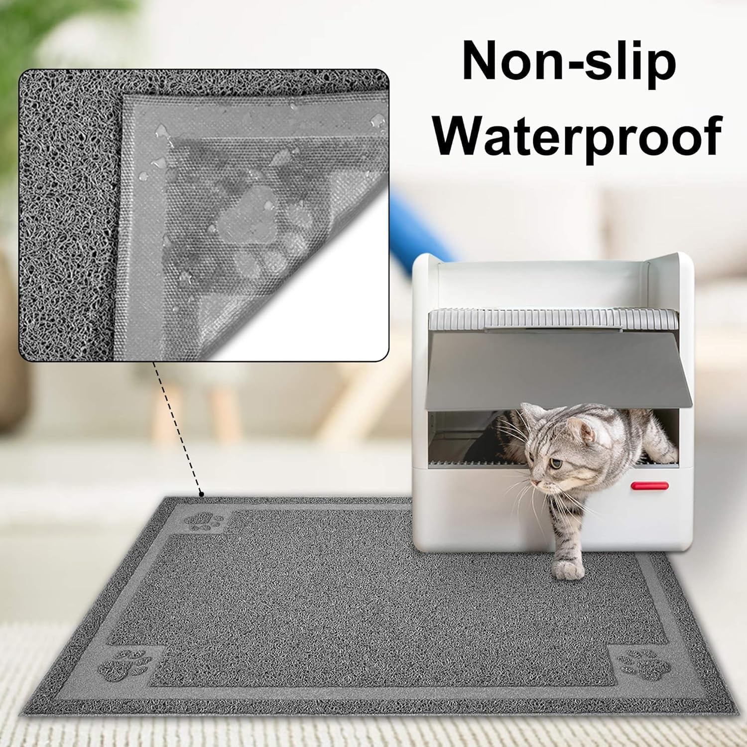 Large Cat Litter Mat Trapper 35"×23", Waterproof, Non-Slip, Gray | Large Litter Box Mat, Foldable Trapping Mat, Anti-Slip Design, for Cat Litter Boxes and Sensitive Paws, Easy to Clean